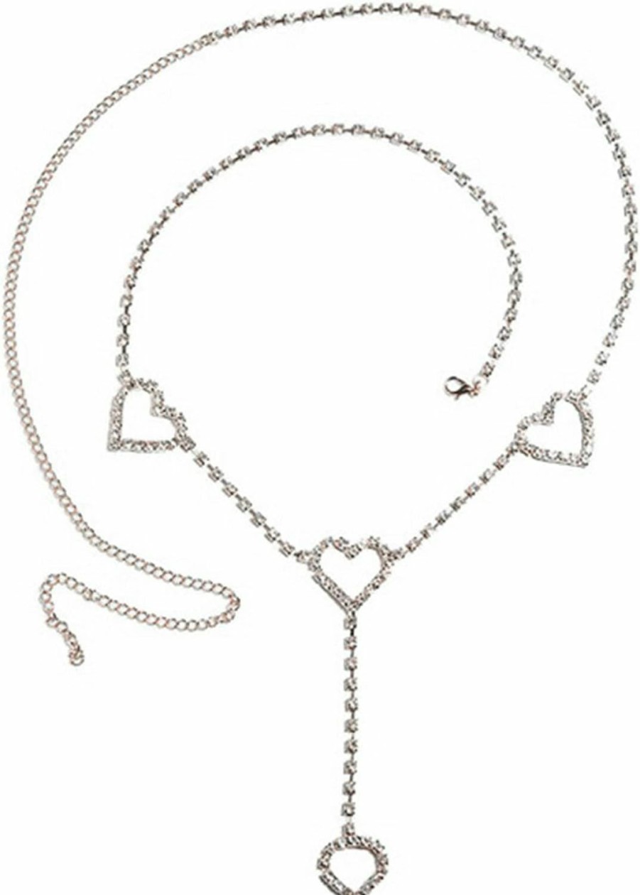 Body Chains | CareUToo Rhinestone Waist Chain Heart Shape Belly Chain Love Heart Pendant Body Chain For Women Girls Crystal Belt Belly Chain Summer Beach Waist (Silver)