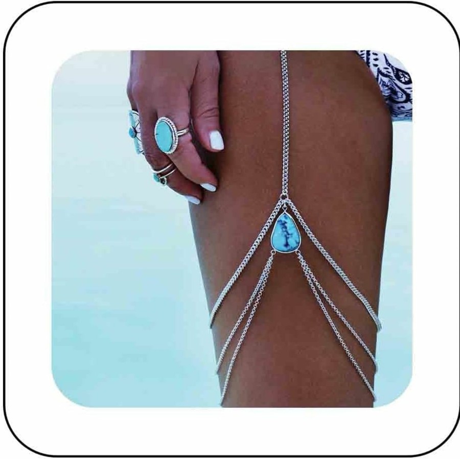 Body Chains | Sttiafay Sttiafay Turquoise Teardrop Body Chain Multilayer Fringed Leg Chain Sexy Summer Beach Thigh Chain Harness Body Jewellery For Women