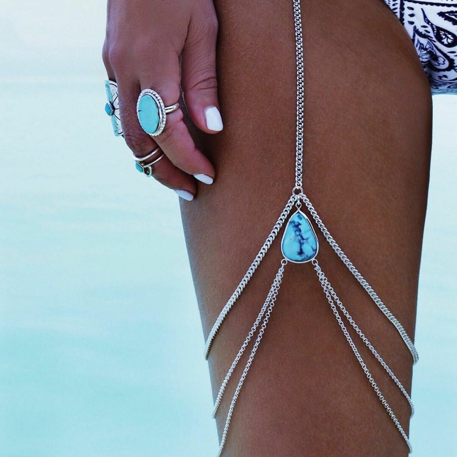 Body Chains | Sttiafay Sttiafay Turquoise Teardrop Body Chain Multilayer Fringed Leg Chain Sexy Summer Beach Thigh Chain Harness Body Jewellery For Women