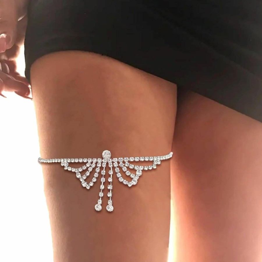 Body Chains | Cusmyre Bikini Rhinestone Thigh Chain Jewelry Elastic Leg Chain Crystal Butterfly Leg Chain Bracelet Thigh Chain Jewelry For Women Party (Silver)