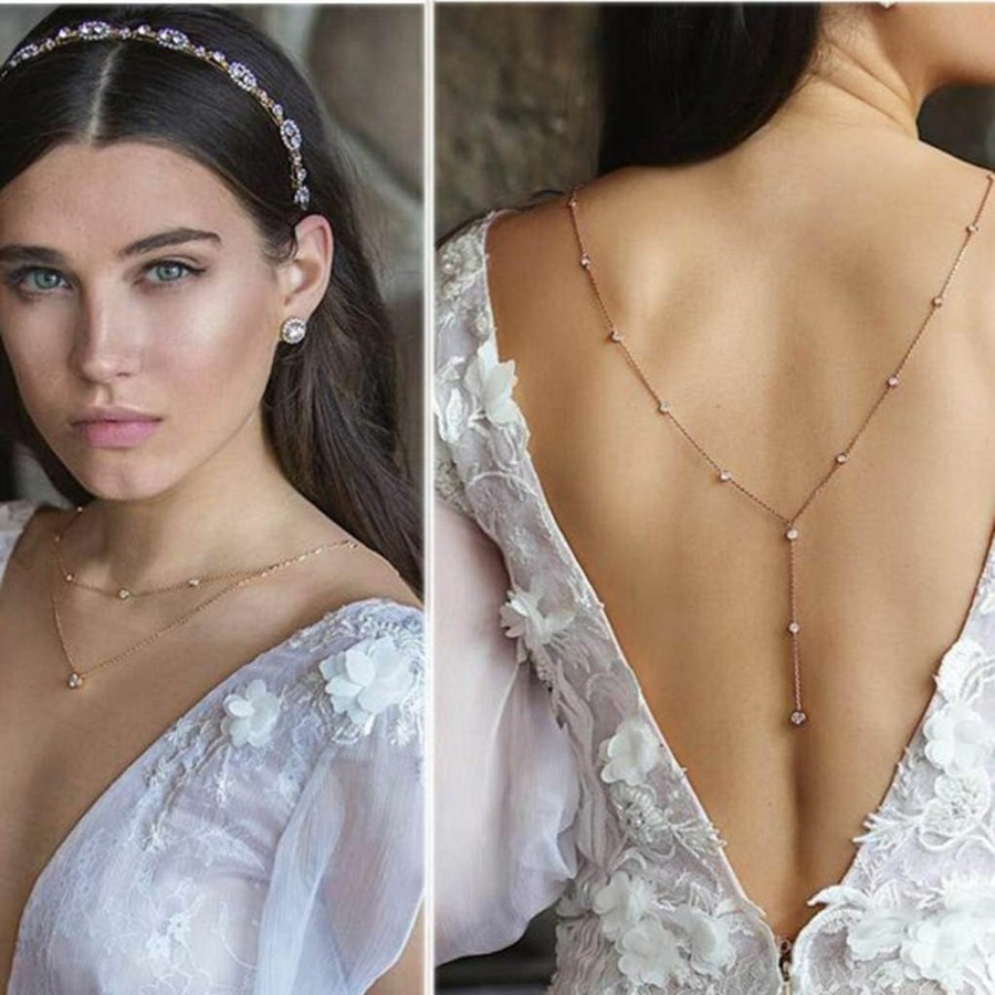 Body Chains | Bomine Bomine Back Necklace Crystal Dropback Body Chain Wedding Body Jewelry For Women And Girls