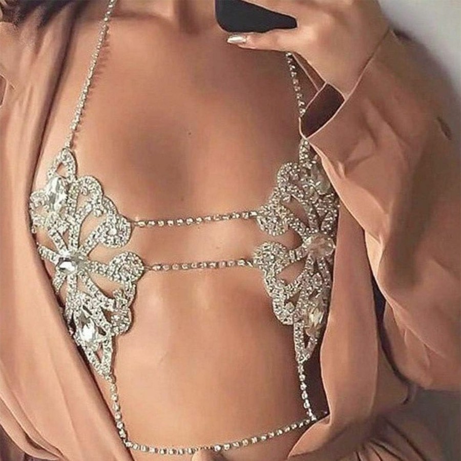 Body Chains | JEWEKY Jeweky Crystal Bra Chains Rhinestone Bra Top Flower Chest Chain Silver Body Chain Nightclub Body Jewelry For Women And Girls