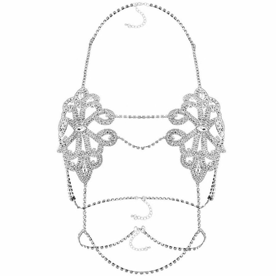 Body Chains | JEWEKY Jeweky Crystal Bra Chains Rhinestone Bra Top Flower Chest Chain Silver Body Chain Nightclub Body Jewelry For Women And Girls