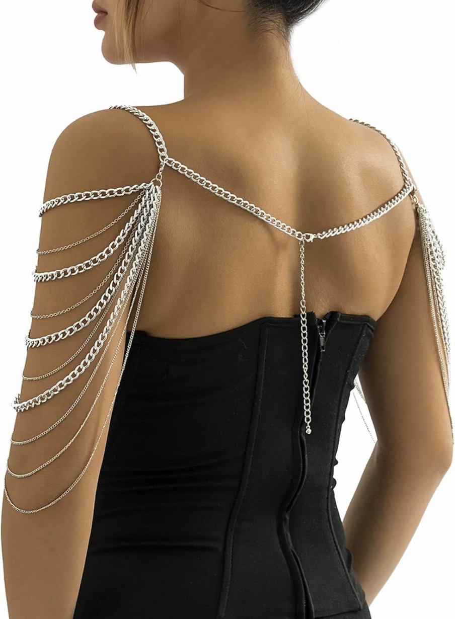 Body Chains | Leivkatuy Punk Shoulder Chain Tassel Layered Upper Arm Chain Metal Multi Layer Tassel Shoulder Chain Bikini Fringe Backdrop Necklace For Women (Silver)