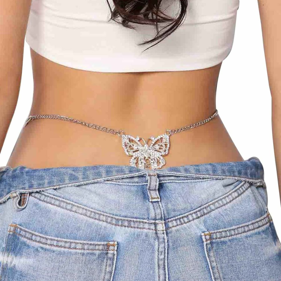 Body Chains | Cusmyre Rhinestone Butterfly Pendant Waist Chain Crystal Thong Panties G String Brief Butterfly Rhinestone Thong Bikini Crystal Waist Belly Chain Jewelry For Women(Butterfly-Silver)