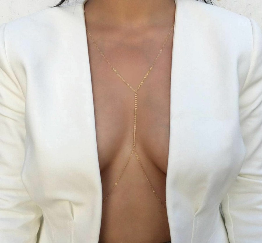 Body Chains | uqvn 14K Gold Plated Body Chain Necklace For Bikini, Hawaii Beach Life, Night Out And Casual Dress - Elevate Your Style With This Stunning Accessory