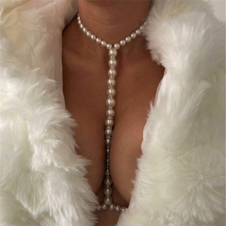 Body Chains | Eyraevor Women Pearls Body Chain Crossover Bra Beads Body Jewelry Bikini Beach Body Necklace For Chest Bra Waist Chain