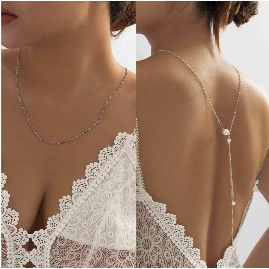 Body Chains | Yheakne Yheakne Boho Pearl Back Necklace Gold Pearl Backdrop Necklace Tiny Pearls Back Chain Drop Necklace Wedding Pearl Body Chain Jewelry For Women And Girls