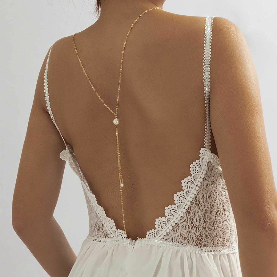 Body Chains | Yheakne Yheakne Boho Pearl Back Necklace Gold Pearl Backdrop Necklace Tiny Pearls Back Chain Drop Necklace Wedding Pearl Body Chain Jewelry For Women And Girls