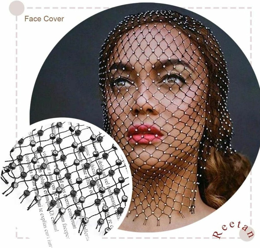 Body Chains | REETAN Reetan Crystal Mesh Mask Black Glitter Nightclub Headwear Rave Party Head Covers Body Jewelry Accessories For Women And Girls