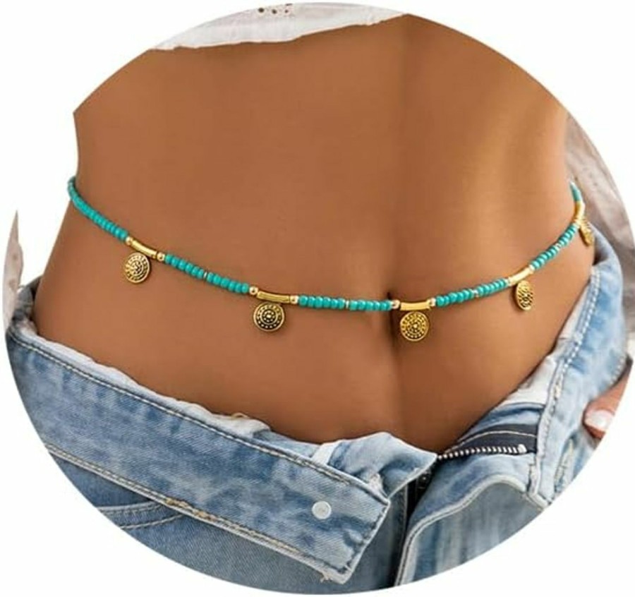 Body Chains | Cusmyre Boho Blue Seed Beaded Waist Belly Chain Summer Beach Bead Waist Chain Simple Bikinis Sexy Coin Pendant Waist Body Chain Jewelry For Women (Blue)