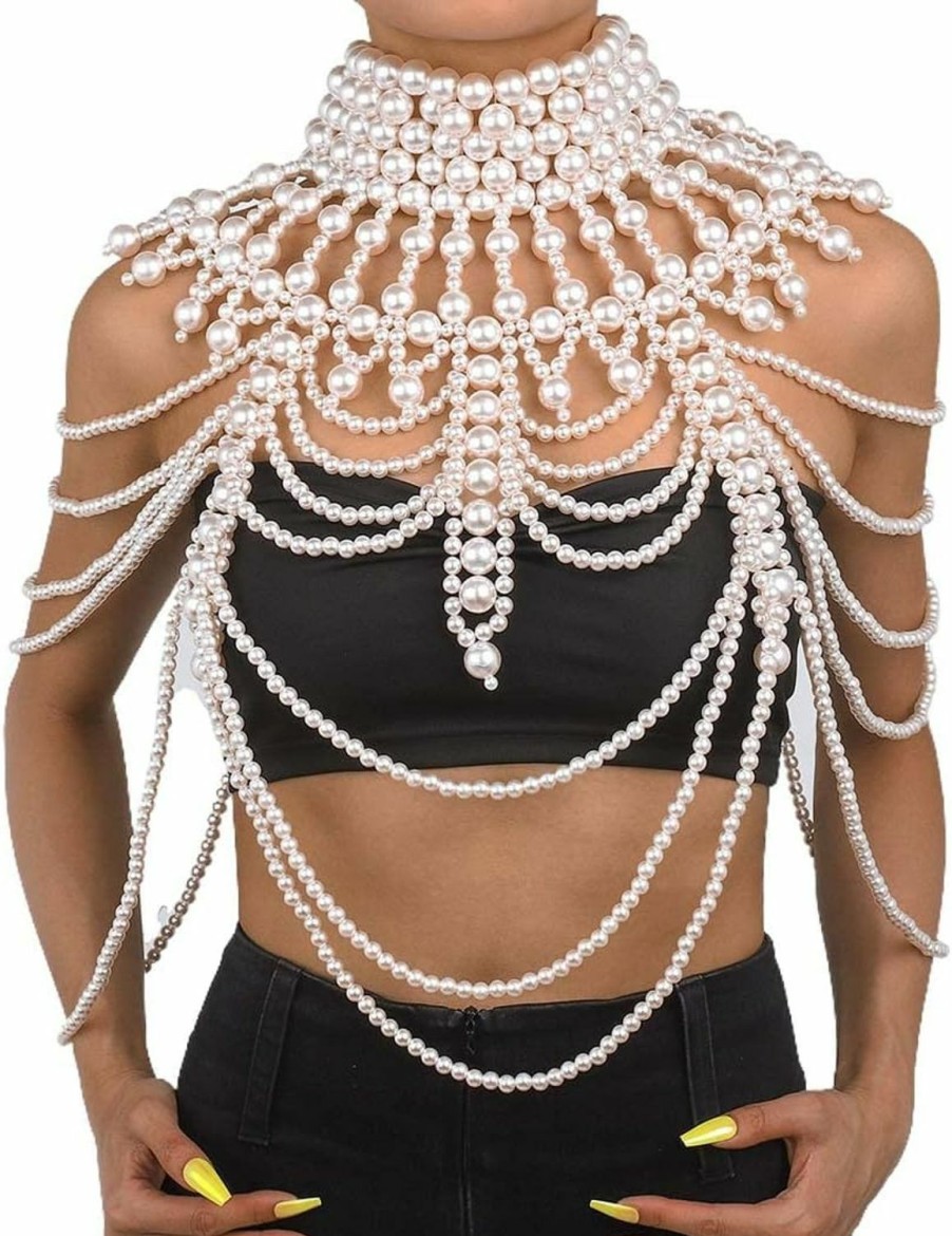 Body Chains | Aiosy Aiosy Pearls Body Chain Sexy Shawl Necklace Pearl Top Shoulder Chain Bra Beaded Backless Chest Chains Rave Body Jewelry Festival Summer Beach (Fashionable)