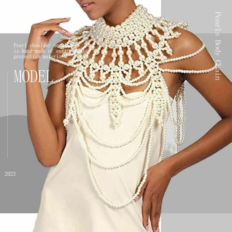 Body Chains | Aiosy Aiosy Pearls Body Chain Sexy Shawl Necklace Pearl Top Shoulder Chain Bra Beaded Backless Chest Chains Rave Body Jewelry Festival Summer Beach (Fashionable)