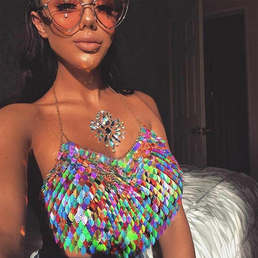 Body Chains | Salliy Salliy Boho Body Chain Bra Gold Sexy Rhinestone Bikini Bra Body Halter Backless Sequins Chain Bra Beach Body Accessories Jewelry For Women And Girls (Colorful)