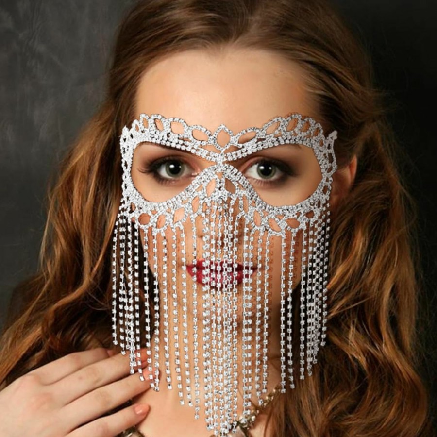 Body Chains | Formery Formery Rhinestone Masquerade Mask Face Chain For Women Cat Eye Tassel Silver Crystal Mardi Gras Mask Chain For Halloween Party Cosplay