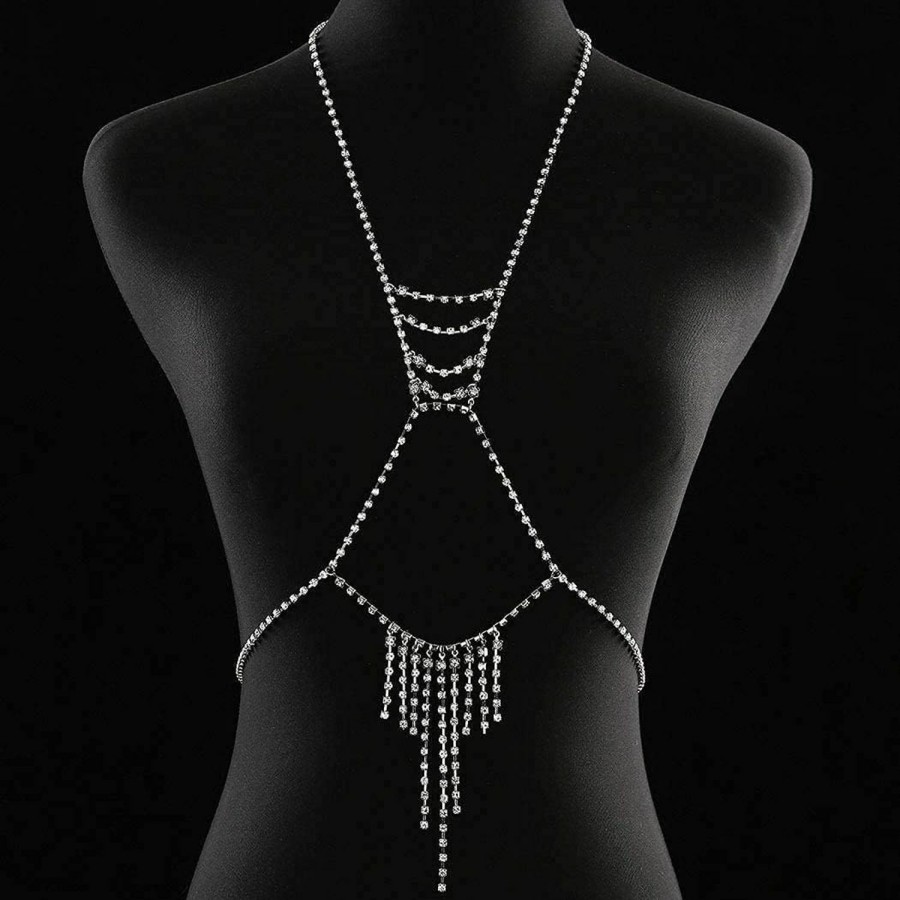 Body Chains | TWINKLEDE Twinklede Rhinestone Body Chain Silver Bra Chest Chain Crystal Harness Body Acessories For Women And Girls