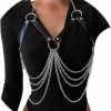 Body Chains | REETAN Reetan Punk Layered Chest Chains Silver Leather Body Chains Ring Rave Party Nightclub Body Jewelry Accessories For Women And Girls