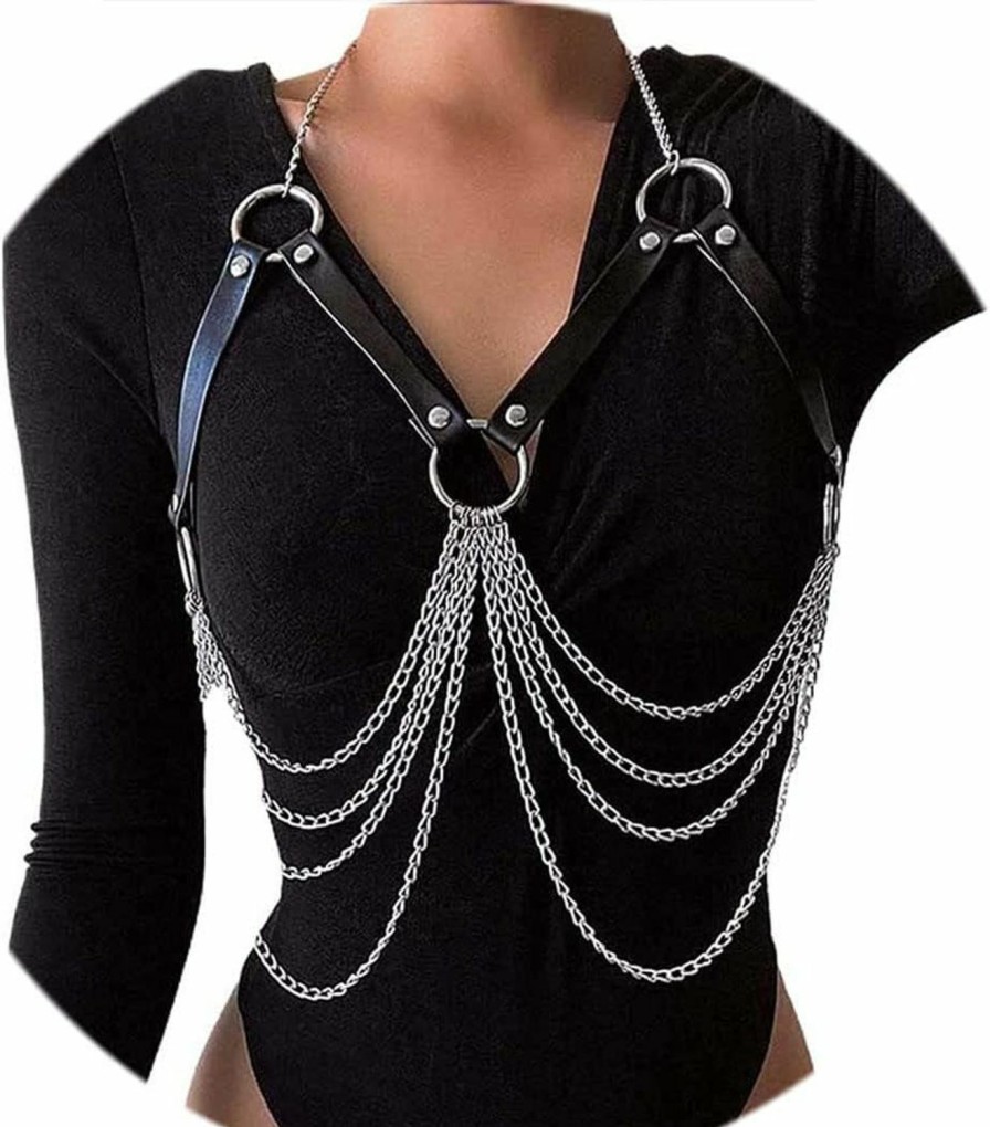 Body Chains | REETAN Reetan Punk Layered Chest Chains Silver Leather Body Chains Ring Rave Party Nightclub Body Jewelry Accessories For Women And Girls