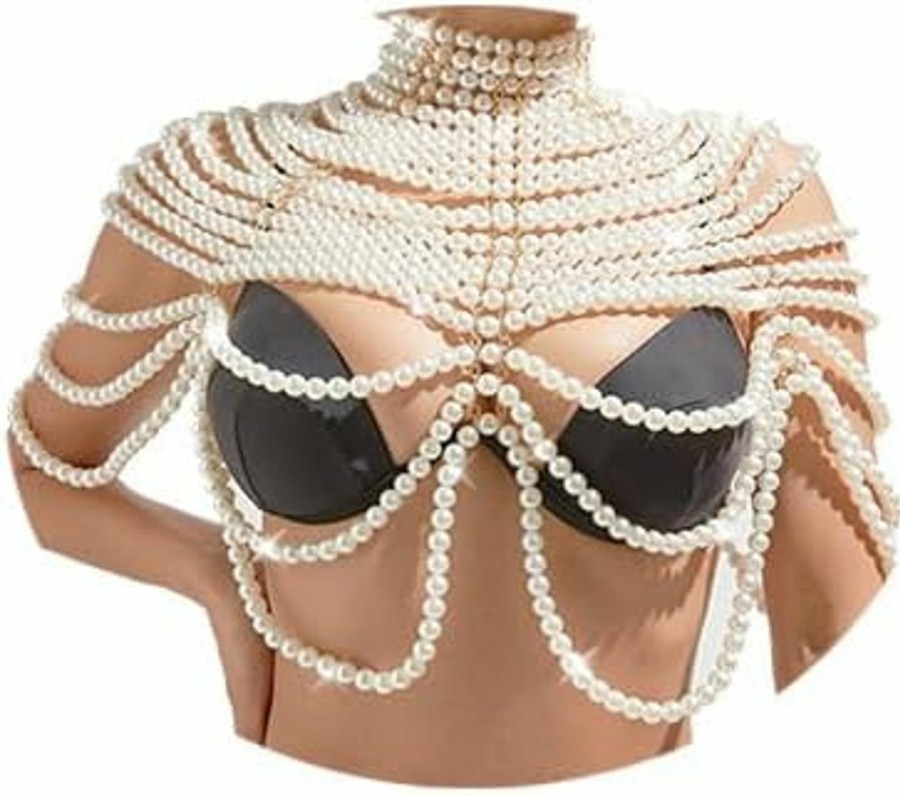 Body Chains | Aiosy Aiosy Pearls Body Chain Shawl Necklace Pearl Bra Shoulder Chain Top Beaded Backless Chest Chains Rave Outfit