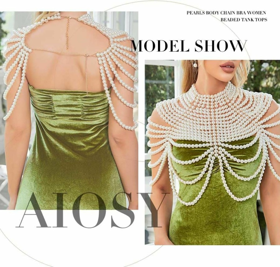 Body Chains | Aiosy Aiosy Pearls Body Chain Shawl Necklace Pearl Bra Shoulder Chain Top Beaded Backless Chest Chains Rave Outfit