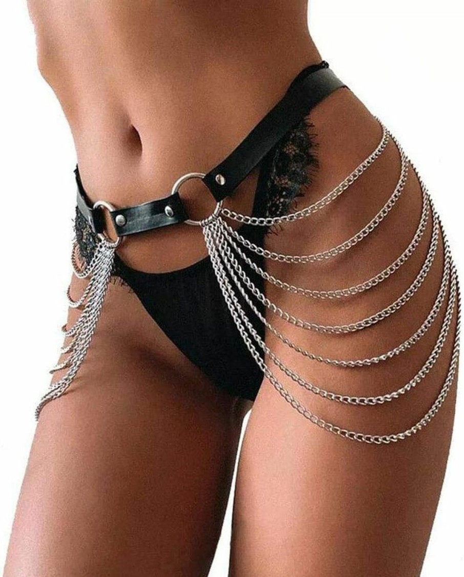 Body Chains | TWINKLEDE Twinklede Punk Leather Belly Waist Chain Belt Silver Layered Body Chains Festival Rave Body Chain Jewelry For Women And Girls