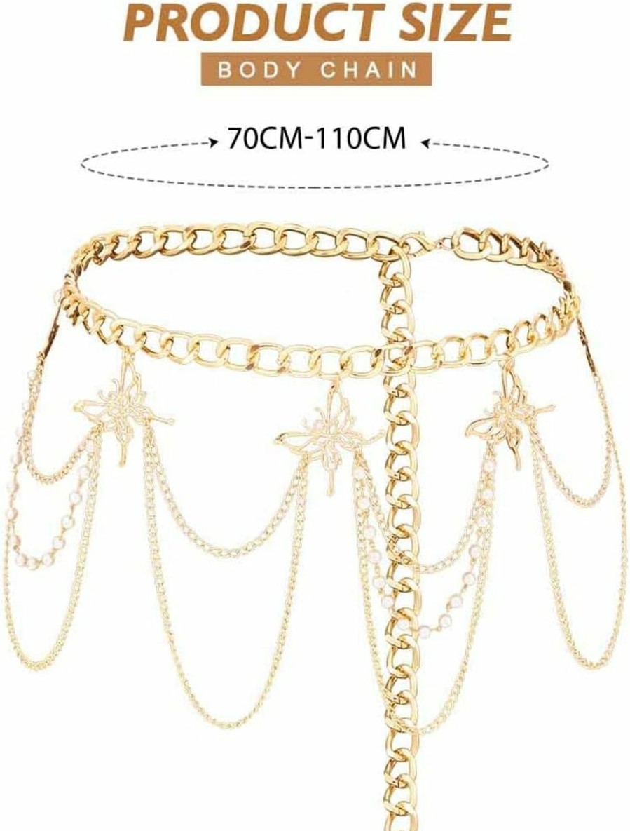 Body Chains | REETAN Reetan Pearl Layered Body Chains Gold Butterfly Waist Chain Rave Party Belly Chain Fashion Body Jewelry Accessories For Women And Girls