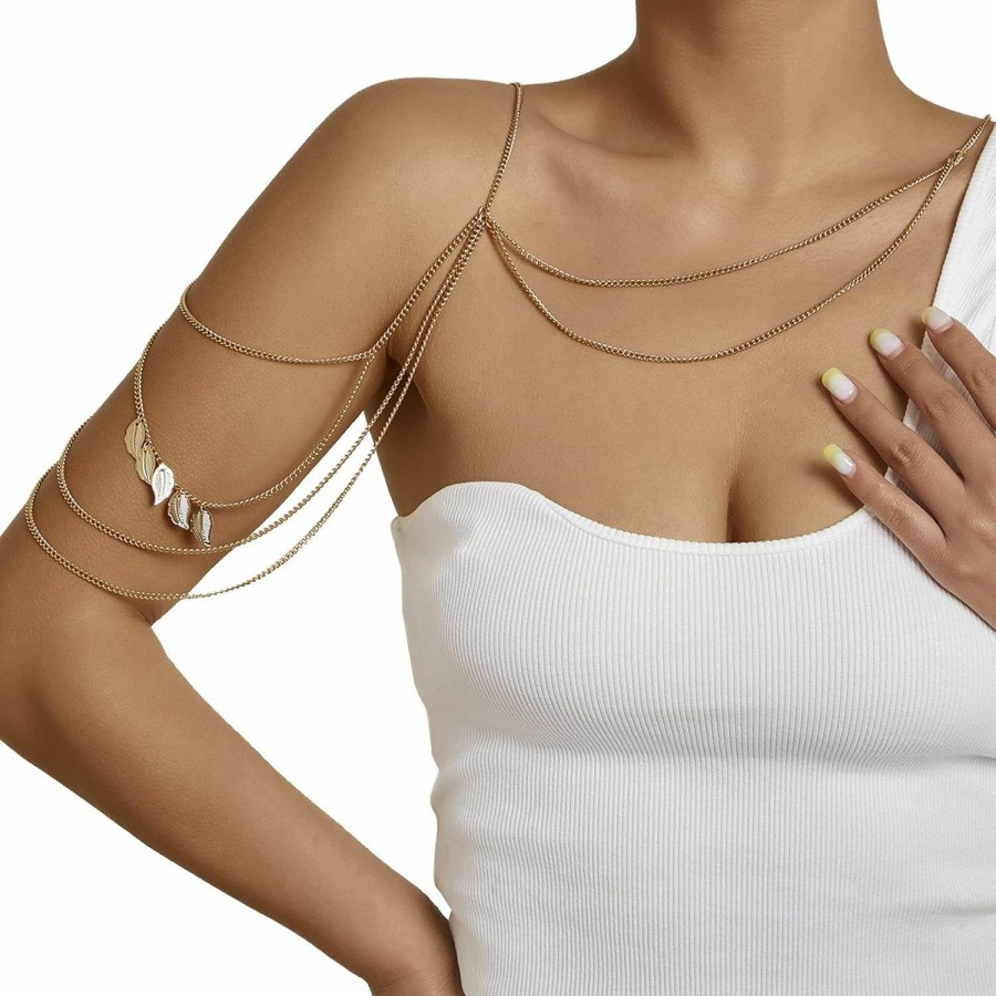 Body Chains | Leivkatuy Bohemian Shoulder Chain Necklace Layered Upper Arm Chain Bracelet Tassel Leaf Shoulder Chain Summer Bikini Body Chain Jewelry For Women (Gold)