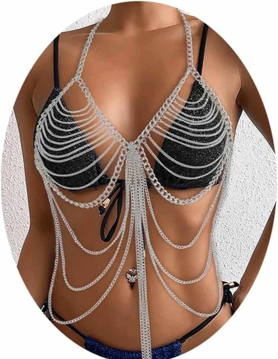 Body Chains | Aiosy Aiosy Boho Body Chain Bra Silver Sexy Bikini Tassel Chest Chains Chest Body Halter Backless Beach Mesh Tops Layered Rave Outfits Jewelry Body Accessories Jewelry For Women And Girls