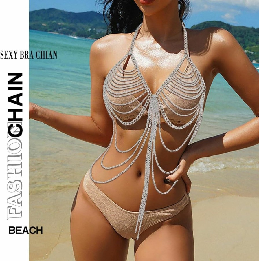 Body Chains | Aiosy Aiosy Boho Body Chain Bra Silver Sexy Bikini Tassel Chest Chains Chest Body Halter Backless Beach Mesh Tops Layered Rave Outfits Jewelry Body Accessories Jewelry For Women And Girls