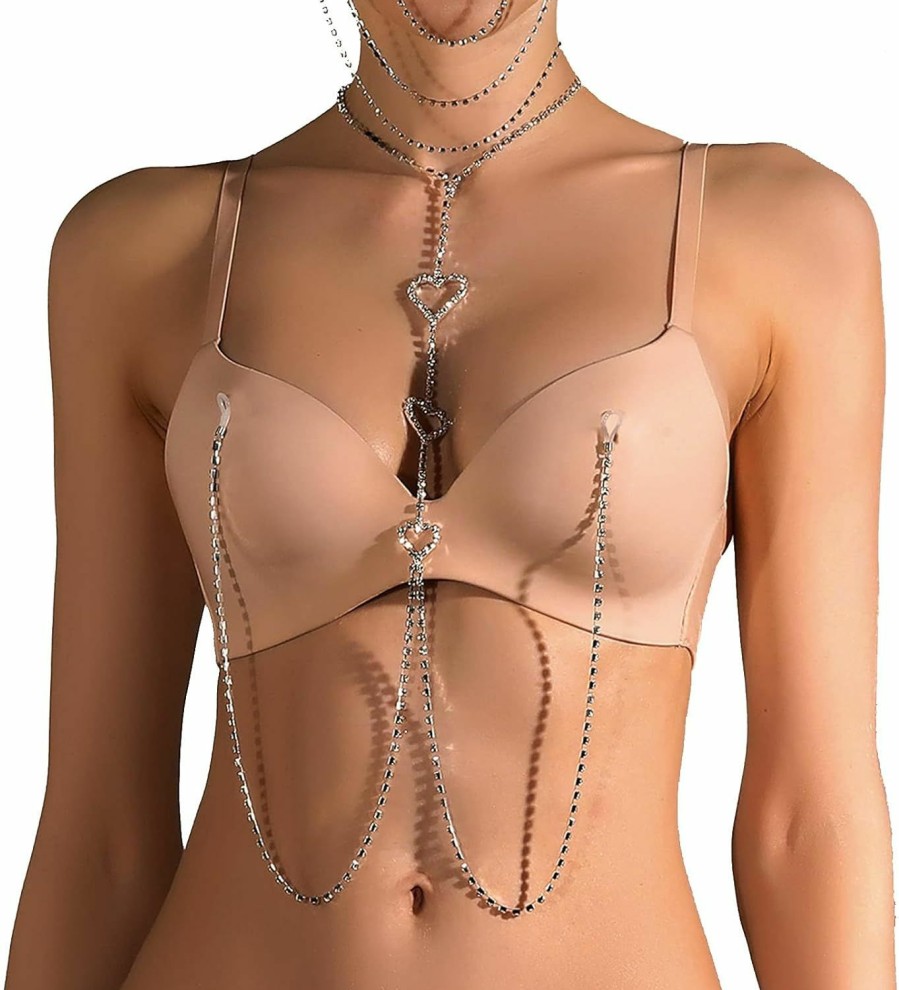 Body Chains | Cusmyre Sexy Bling Rhinestone Bra Chain Crystal Waist Belly Bikini Body Chain Jewelry Rhinestone Non Piercing Red Nipple Body Chain For Women (Color 1)