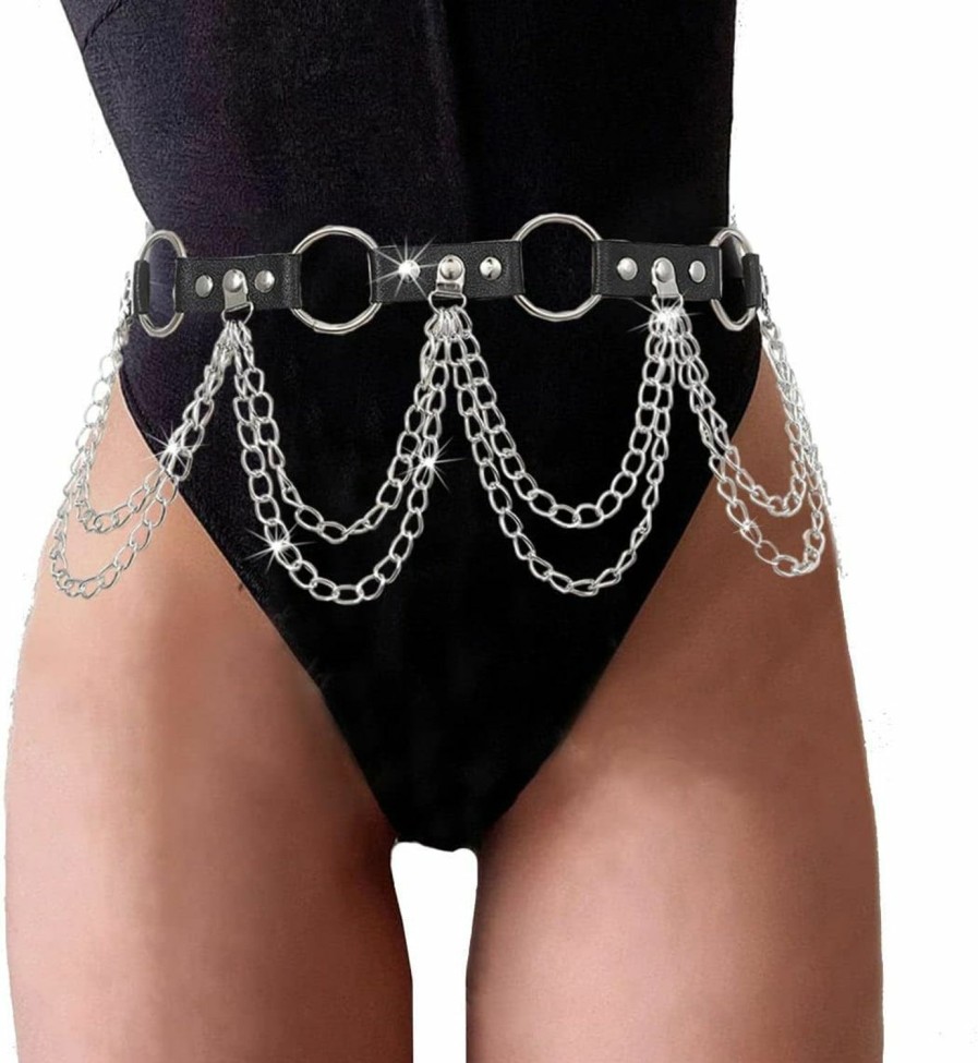 Body Chains | COSYDAYS Cosydays Punk Leather Waist Chain Belt Black Harness Body Chains Layered Belly Chain Party Rave Outfits Body Chain Jewelry For Women And Girls