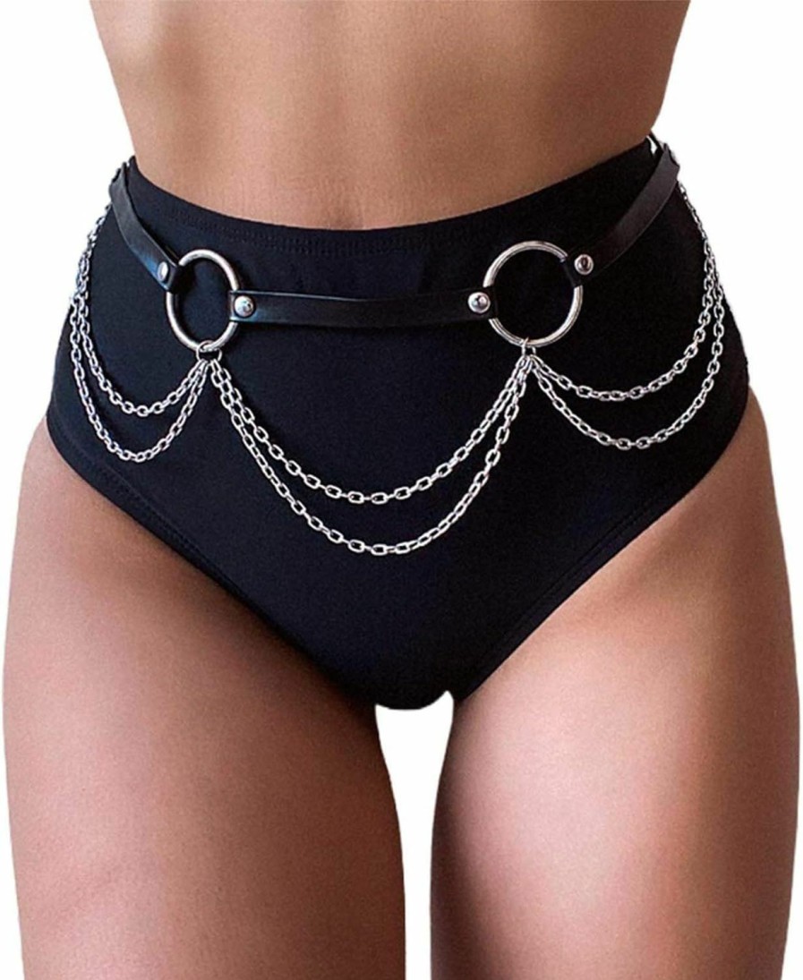 Body Chains | REETAN Reetan Punk Leather Body Chains Black Waist Chain Layered Nightclub Ring Belt Belly Chains Rave Party Body Jewelry Accessories For Women And Girls