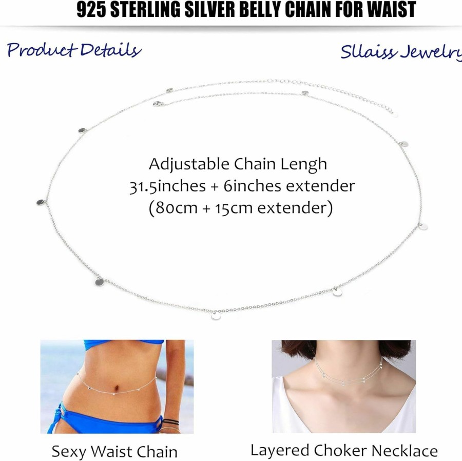 Body Chains | Sllaiss Sllaiss 925 Sterling Silver Belly Waist Chain Body Jewelry For Women Beach Bikini Belly Silver Chain Belt