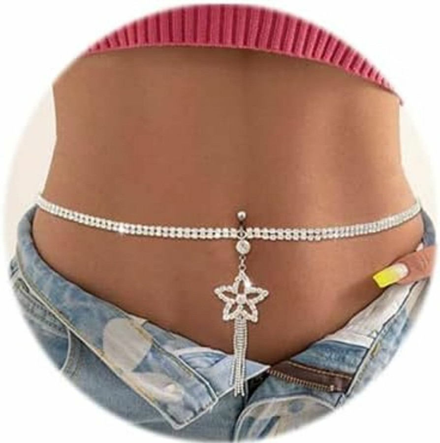 Body Chains | Asooll Asooll Silver Crystal Belly Button Ring With Chain Rhinestones Waist Body Chain Bikini Belly Jewelry Fashion Beach Rave Party Body Accessories Jewelry For Women And Girls