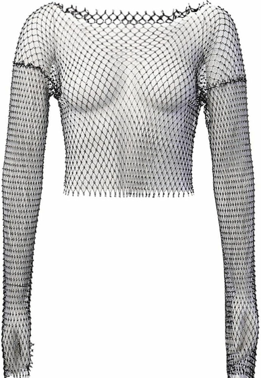 Body Chains | PIGIAOKA Pigiaoka Rhinestone Mesh Body Chains Long Sleeve Crystal See Through Cover Up Crop Tops Fishnet Bikini Nightclub Party Festival Outfits For Women And Girls