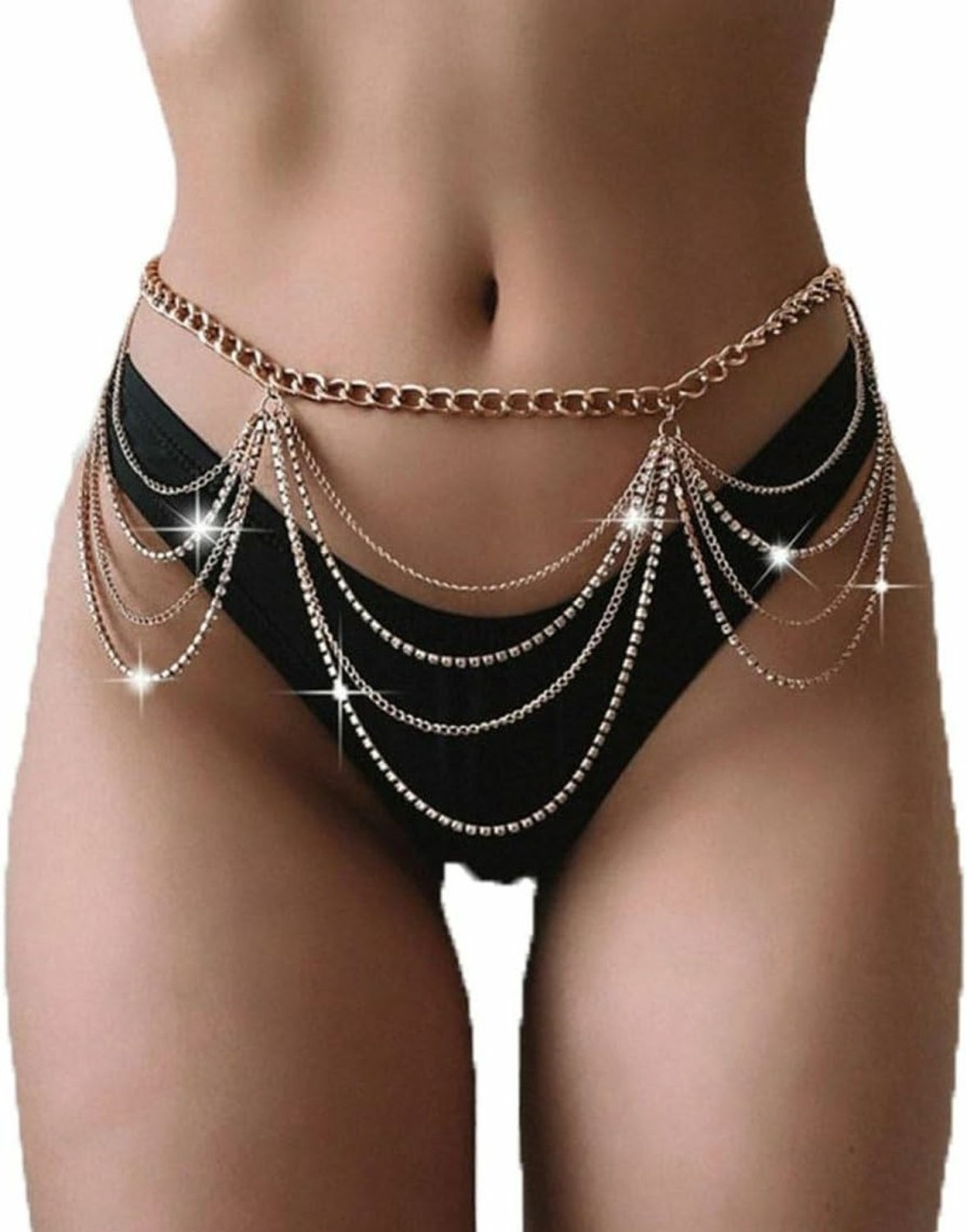 Body Chains | REETAN Reetan Crystal Body Chains Punk Layered Waist Chain Rave Party Belly Chain Nightclub Body Jewelry Accessories For Women And Girls