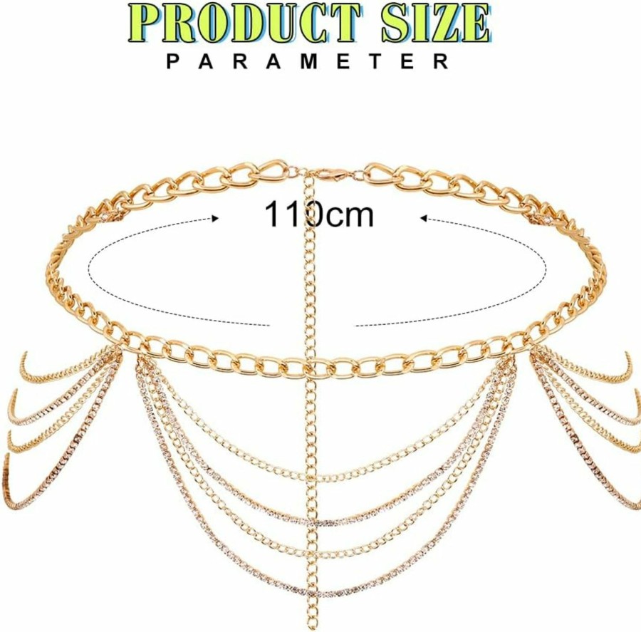 Body Chains | REETAN Reetan Crystal Body Chains Punk Layered Waist Chain Rave Party Belly Chain Nightclub Body Jewelry Accessories For Women And Girls