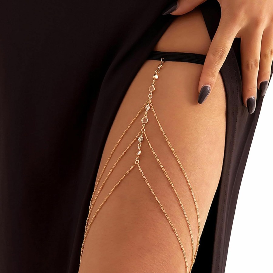 Body Chains | DarBudMay Simple Bikini Rhinestones Leg Chain Jewelry Crystal Elastic Tassel Thigh Chain Summer Multi-Layered Thigh Chain Rhinestones Thigh Body Chain Jewelry For Women