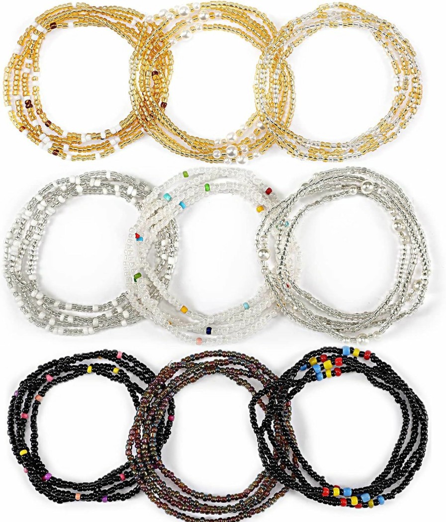 Body Chains | Kigeli 9 Packs Waist Bead Chains For Women Belly Beads Stretchy Waist Beads African Belly Chain Stomach Beads Body Bikini Jewelry (Clear, Black, Gold)