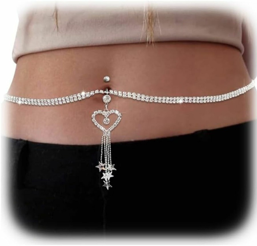 Body Chains | Cusmyre Rhinestone Heart Dangle Belly Button Ring With Waist Chain Crystal Piercing Navel Belly Chain Sexy Bikini Body Chain Jewelry Accessories For Women (Silver)