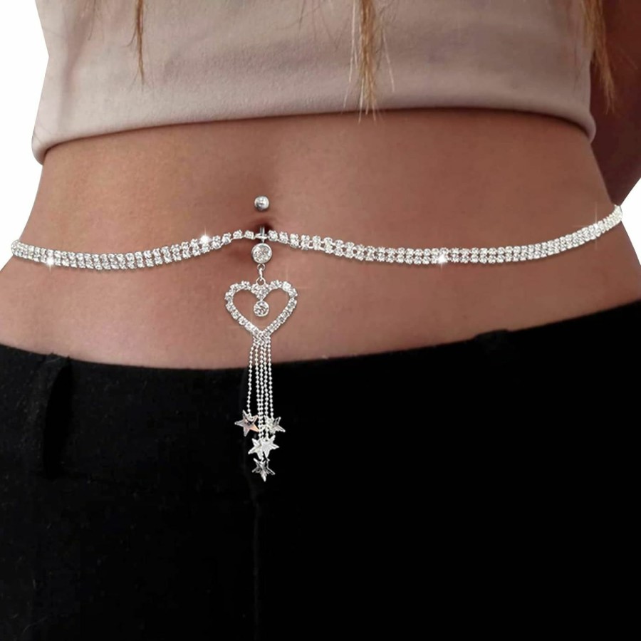 Body Chains | Cusmyre Rhinestone Heart Dangle Belly Button Ring With Waist Chain Crystal Piercing Navel Belly Chain Sexy Bikini Body Chain Jewelry Accessories For Women (Silver)