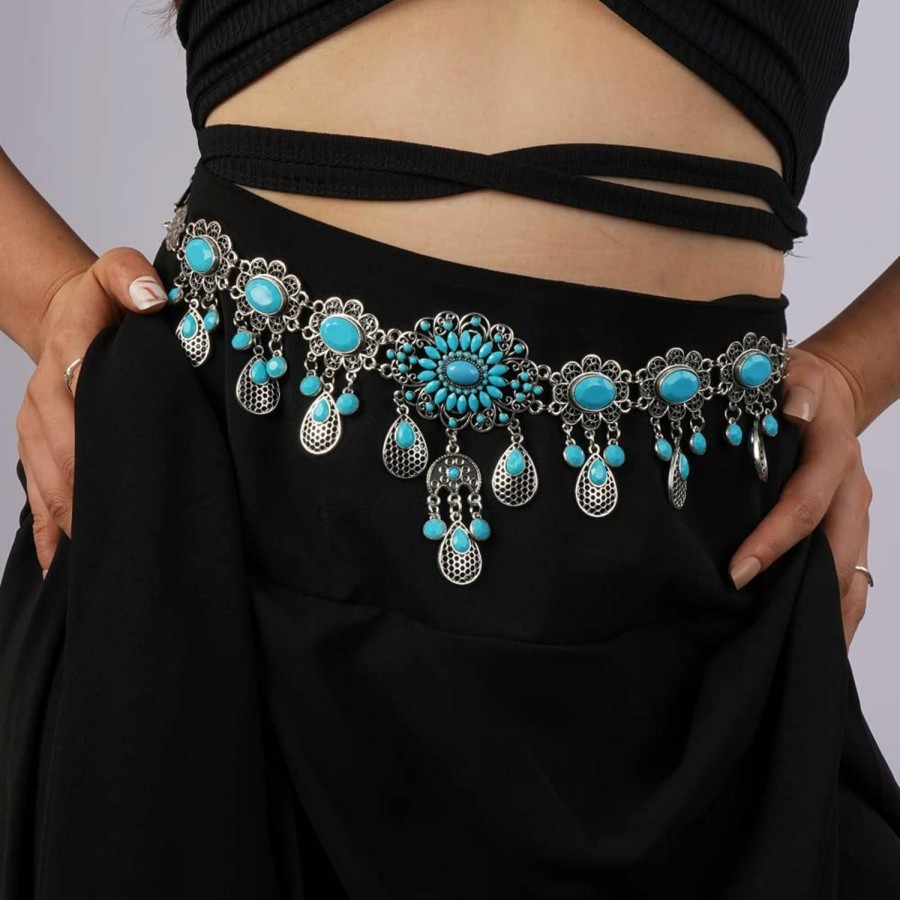 Body Chains | Missgrace Missgrace Boho Vintage Flower Blue Turquoise Tassel Crystal Chain Belly Dances Silver Body Chains Handmade Indian Body Accessories Jewelry For Women