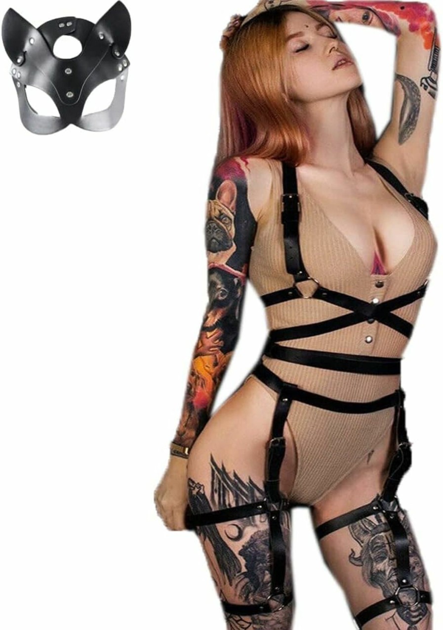 Body Chains | CHEARUBY Waist Garter Belt Punk Full Body Harness For Women,Caged Bra Festival Dance Rock Halloween Leather Chest Strap Set