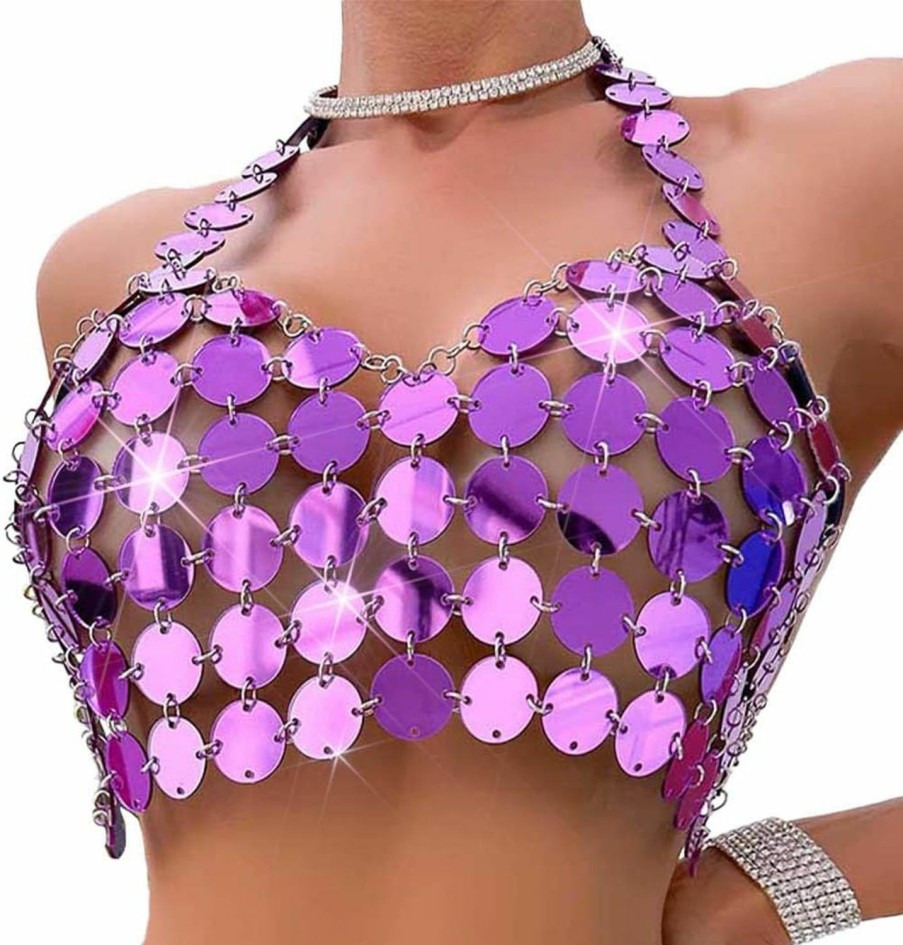 Body Chains | BODIY Bodiy Women Sparkly Sequin Chain Top Purple Halter Cami Crop Tops Blackless Mirror Body Chain Bra For Party Rave Club