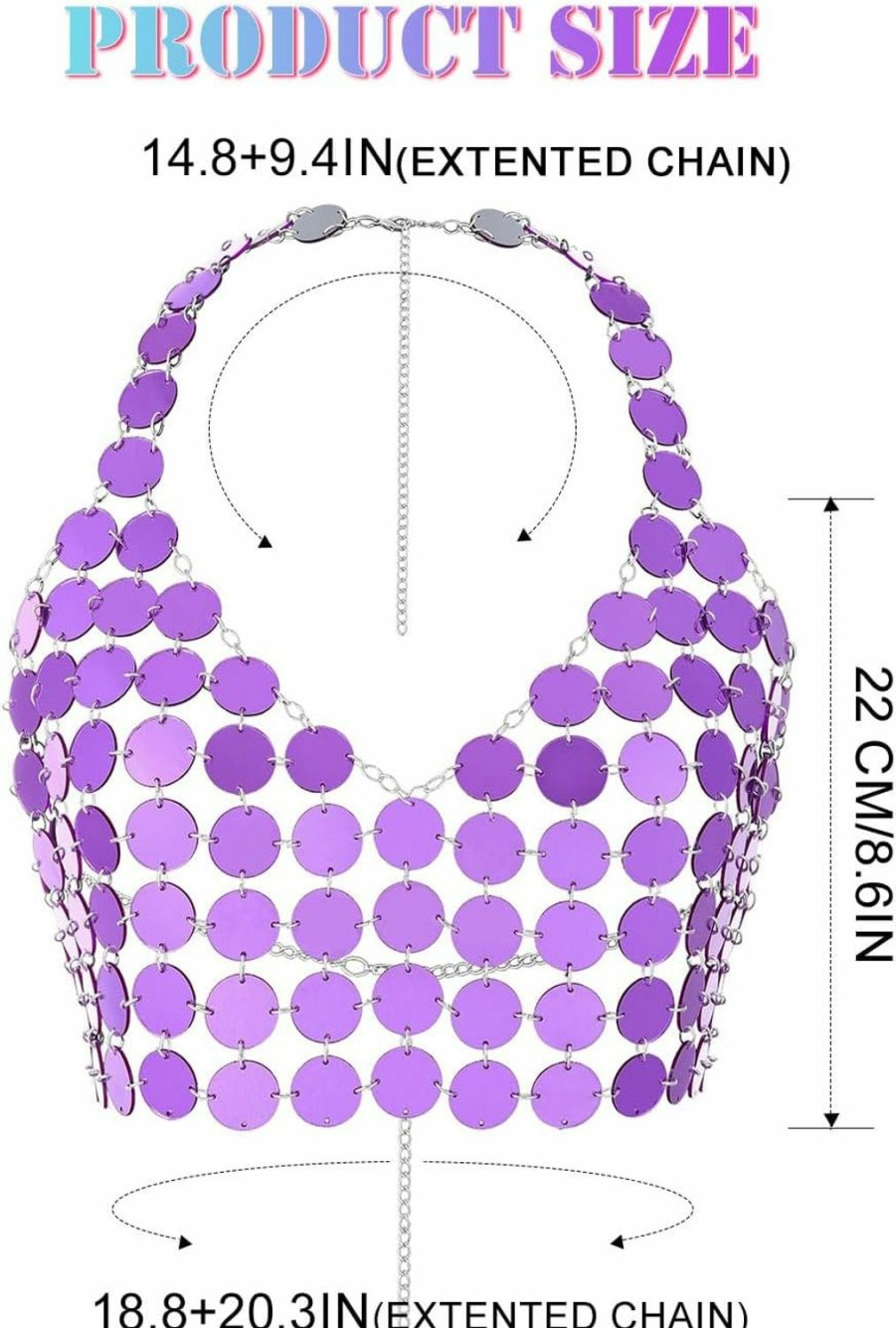 Body Chains | BODIY Bodiy Women Sparkly Sequin Chain Top Purple Halter Cami Crop Tops Blackless Mirror Body Chain Bra For Party Rave Club