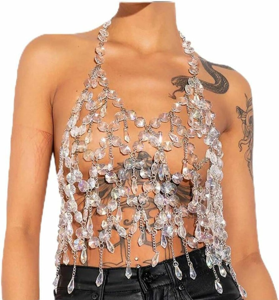 Body Chains | Formery Formery Crystal Body Chain Rhinestone Halter Tassel Silver Body Jewelry For Women Summer Rave Beach Bra Chain