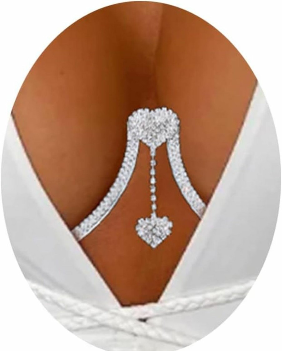 Body Chains | Rotaiboes Rhinestone Chest Bracket Sexy Bra Chain Body Jewelry Bikini Silver Crystal Body Chain Rhinestone Bra Underwear Chain Jewelry For Women And Girls (Double Heart Pendant)