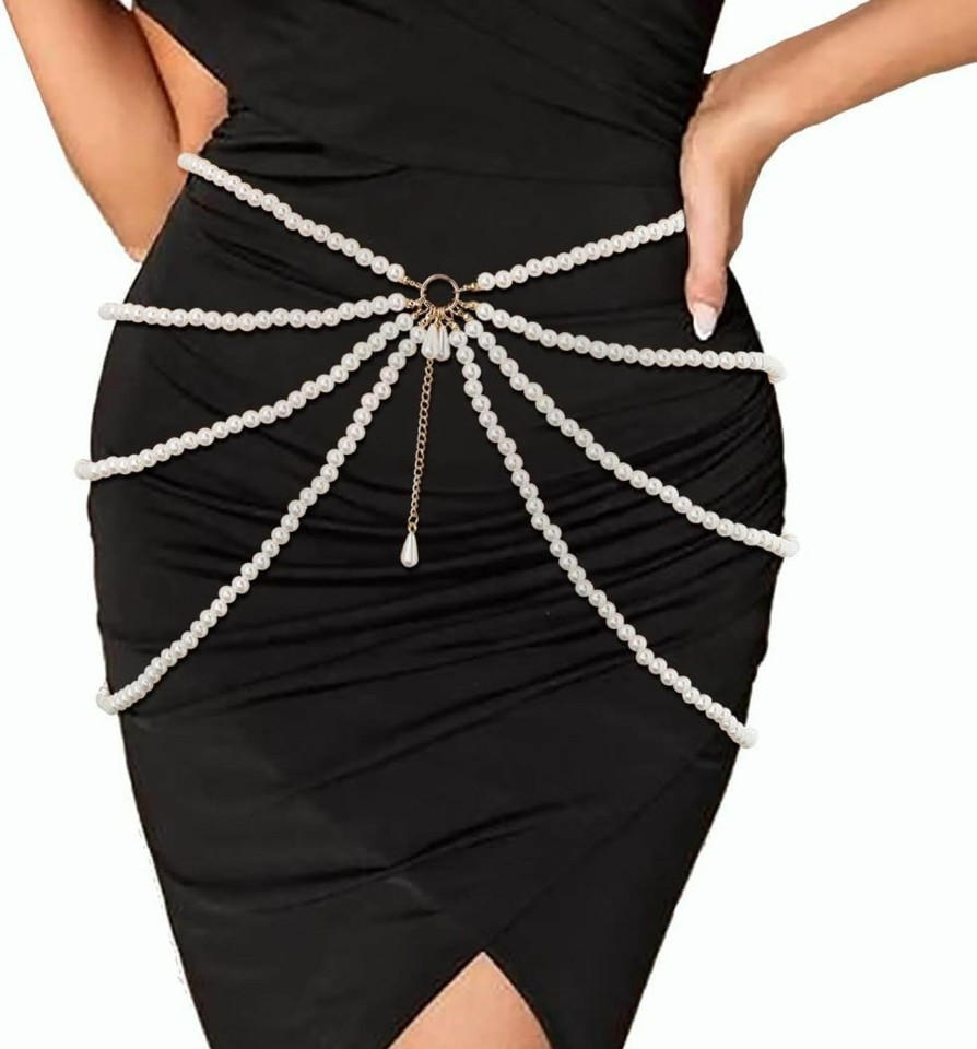 Body Chains | Wriidy Wriidy Layered Pearl Waist Chain White Adjustable Women Body Chain Girls Belt Chains Jewelry Accessories For Dress