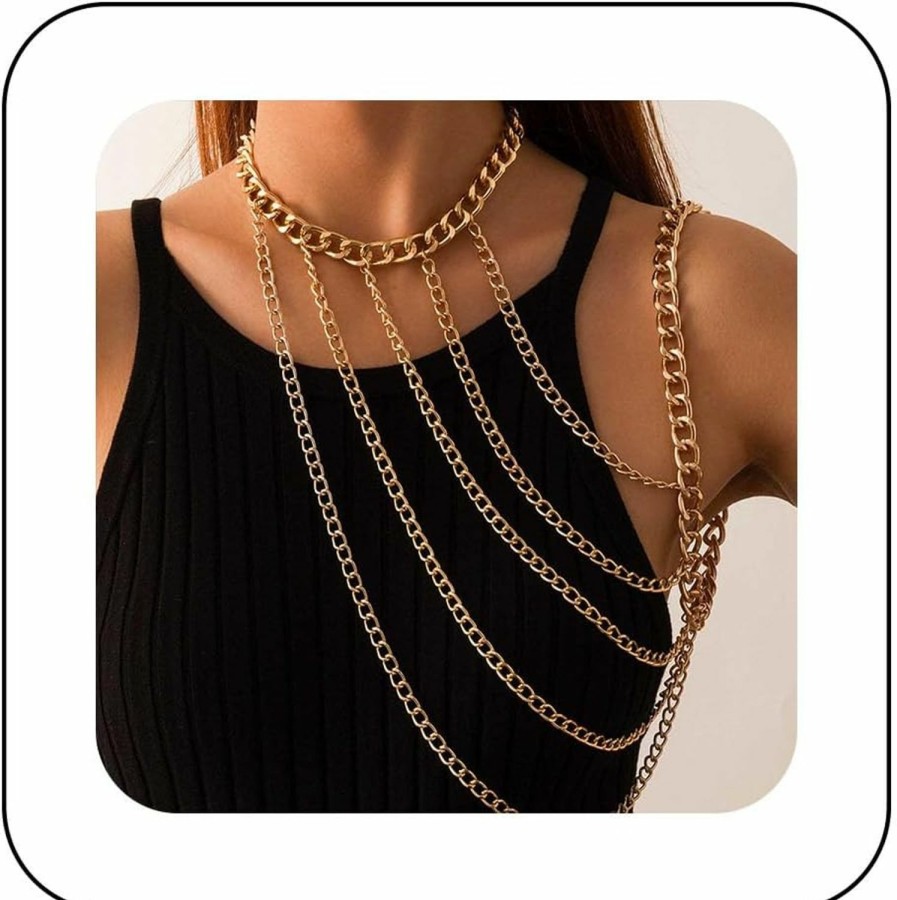 Body Chains | YienDoo Yiendoo Sexy Harness Body Chain Boho Gold Necklace Choker Shoulder Chain Multi Row Chunky Cuban Arm Chain Unique Layered Shoulder Necklace Body Chain Jewelry Accessories For Women Girls