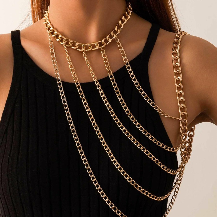 Body Chains | YienDoo Yiendoo Sexy Harness Body Chain Boho Gold Necklace Choker Shoulder Chain Multi Row Chunky Cuban Arm Chain Unique Layered Shoulder Necklace Body Chain Jewelry Accessories For Women Girls